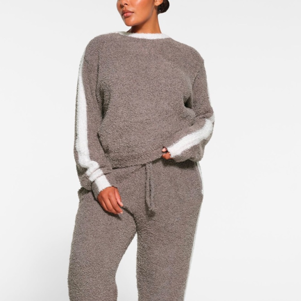 SKIMS Cozy Crewneck Sweater in Taupe with White Stripe